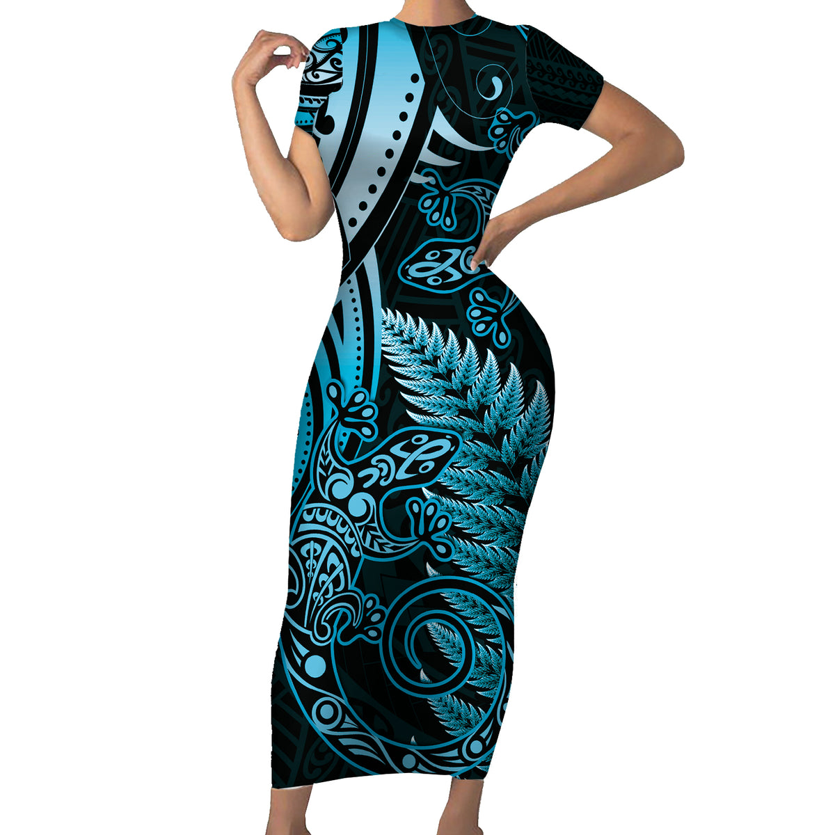 New Zealand Lizard Short Sleeve Bodycon Dress Silver Fern Aotearoa Maori Blue Version
