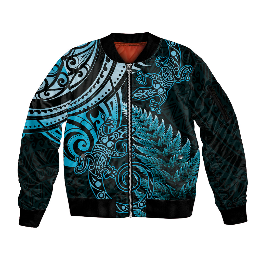 New Zealand Lizard Sleeve Zip Bomber Jacket Silver Fern Aotearoa Maori Blue Version
