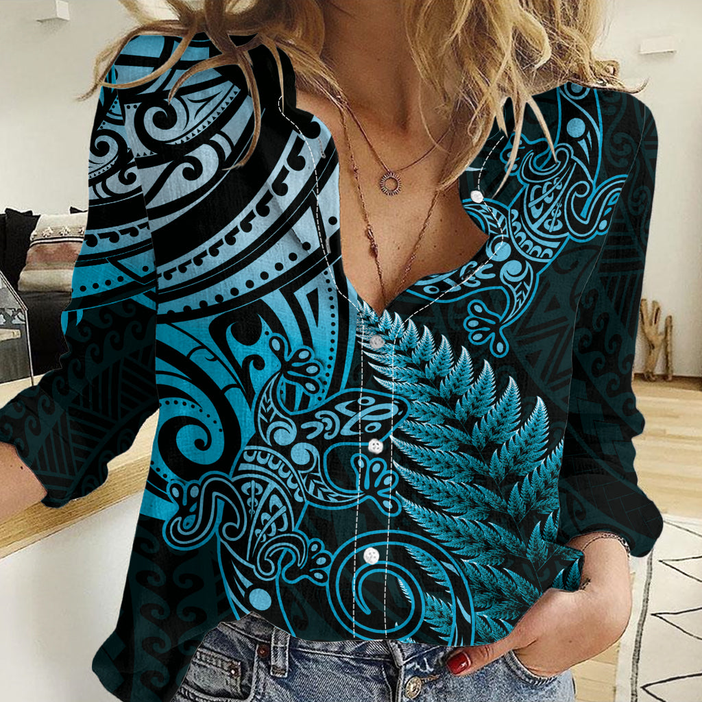New Zealand Lizard Women Casual Shirt Silver Fern Aotearoa Maori Blue Version