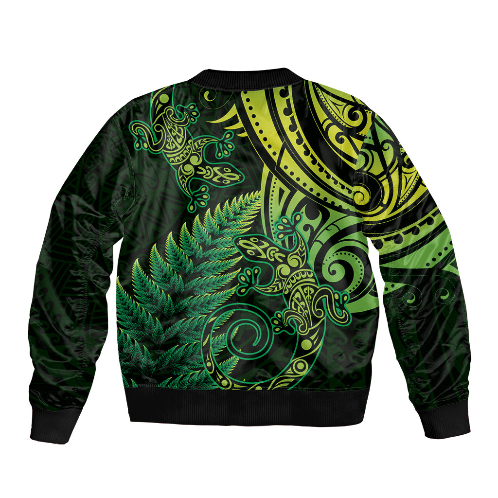 New Zealand Lizard Bomber Jacket Silver Fern Aotearoa Maori Green Version