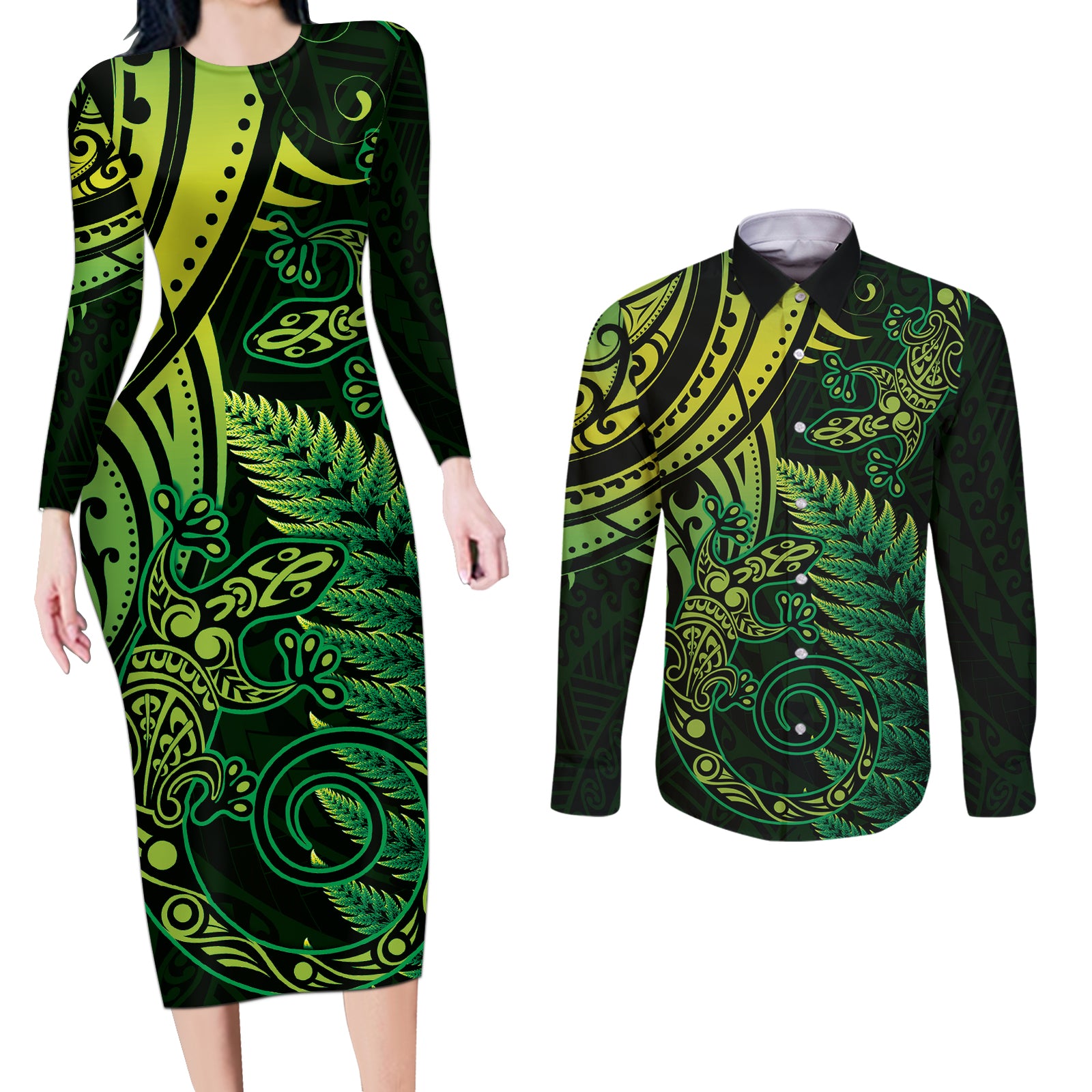 New Zealand Lizard Couples Matching Long Sleeve Bodycon Dress and Long Sleeve Button Shirt Silver Fern Aotearoa Maori Green Version
