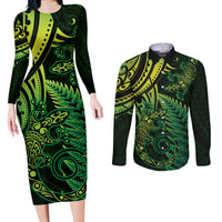 New Zealand Lizard Couples Matching Long Sleeve Bodycon Dress and Long Sleeve Button Shirt Silver Fern Aotearoa Maori Green Version