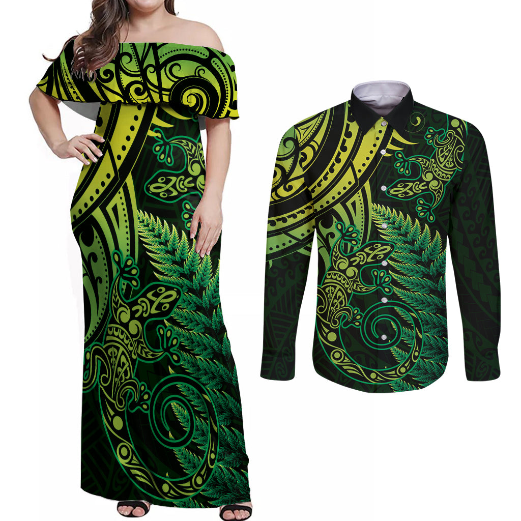 New Zealand Lizard Couples Matching Off Shoulder Maxi Dress and Long Sleeve Button Shirt Silver Fern Aotearoa Maori Green Version