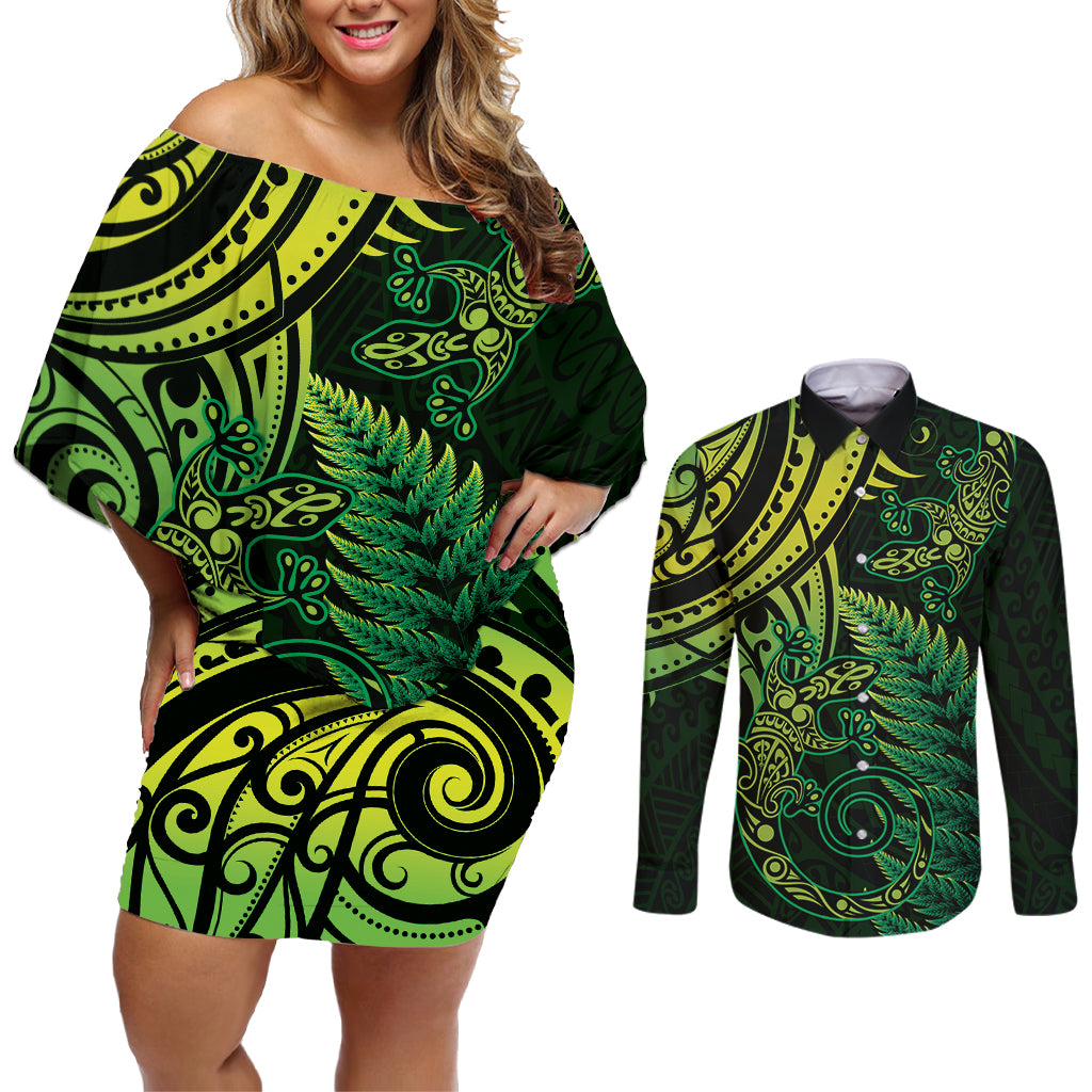 New Zealand Lizard Couples Matching Off Shoulder Short Dress and Long Sleeve Button Shirt Silver Fern Aotearoa Maori Green Version