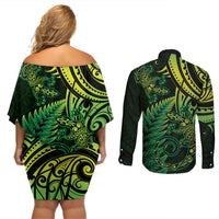 New Zealand Lizard Couples Matching Off Shoulder Short Dress and Long Sleeve Button Shirt Silver Fern Aotearoa Maori Green Version