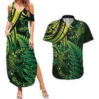 New Zealand Lizard Couples Matching Summer Maxi Dress and Hawaiian Shirt Silver Fern Aotearoa Maori Green Version