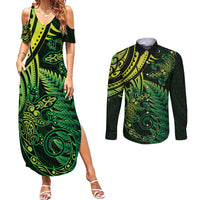 New Zealand Lizard Couples Matching Summer Maxi Dress and Long Sleeve Button Shirt Silver Fern Aotearoa Maori Green Version