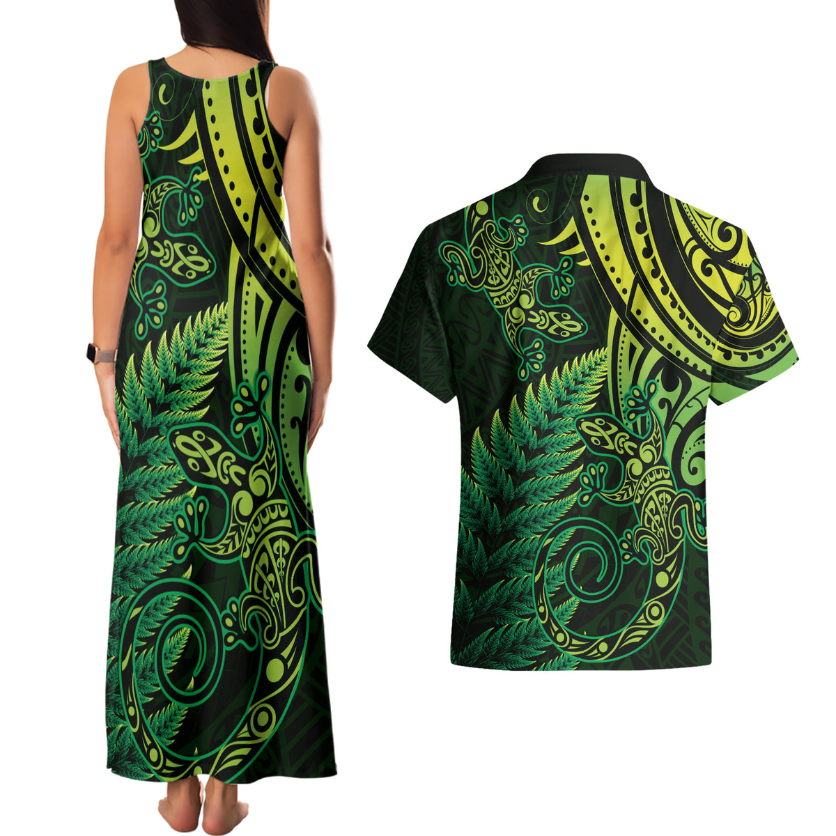 New Zealand Lizard Couples Matching Tank Maxi Dress and Hawaiian Shirt Silver Fern Aotearoa Maori Green Version