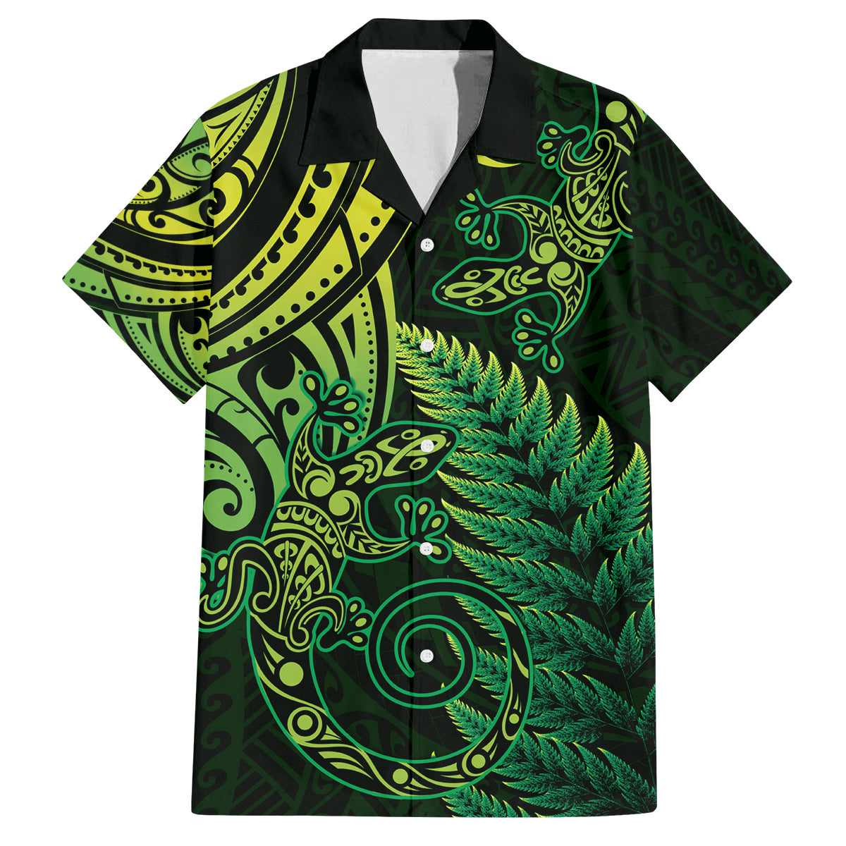 New Zealand Lizard Family Matching Off Shoulder Maxi Dress and Hawaiian Shirt Silver Fern Aotearoa Maori Green Version