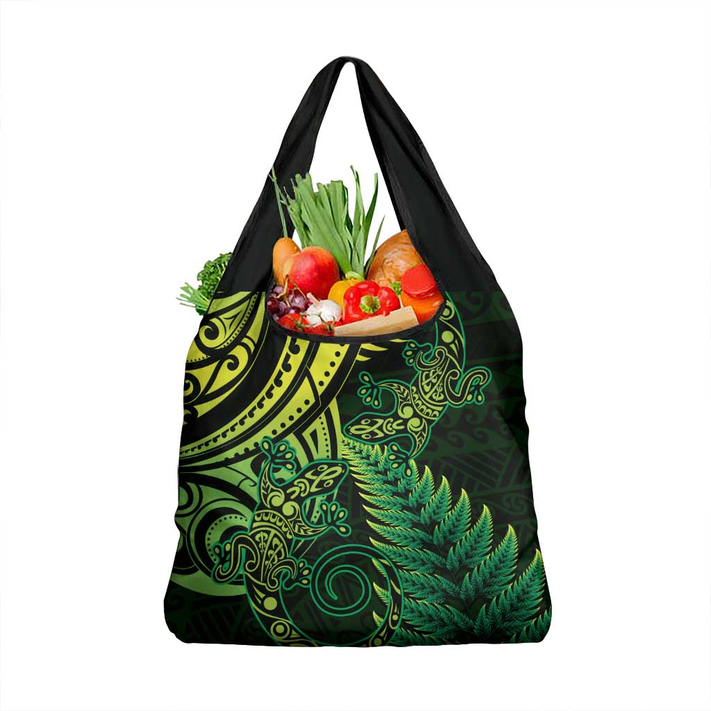 New Zealand Lizard Grocery Bag Silver Fern Aotearoa Maori Green Version