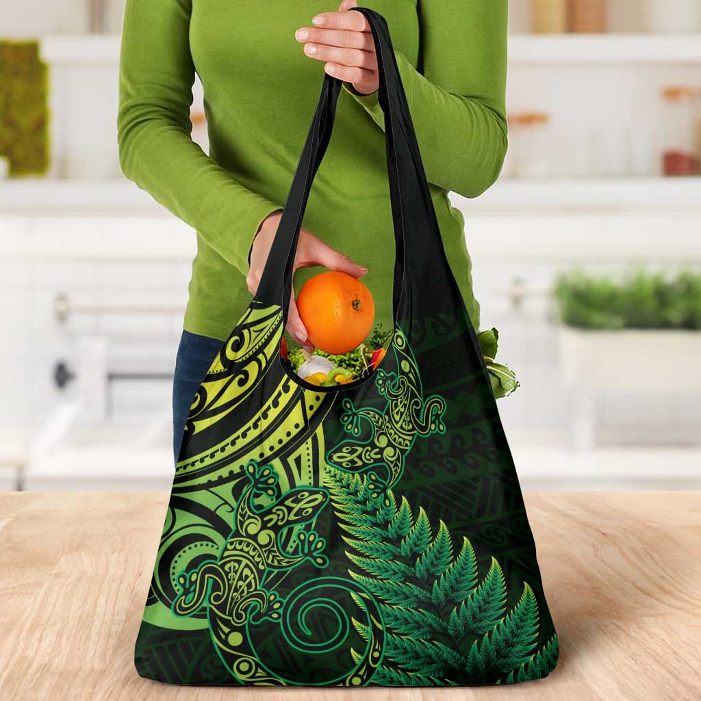 New Zealand Lizard Grocery Bag Silver Fern Aotearoa Maori Green Version