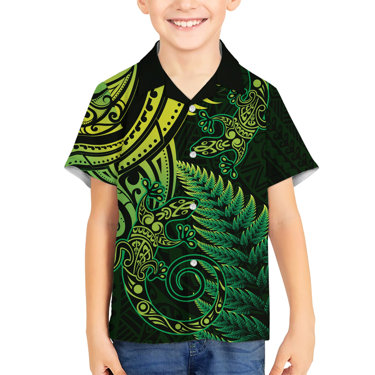 New Zealand Lizard Hawaiian Shirt Silver Fern Aotearoa Maori Green Version