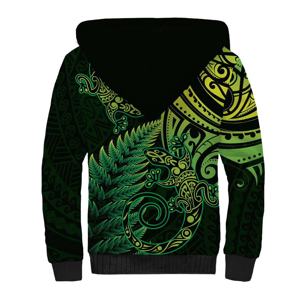 New Zealand Lizard Sherpa Hoodie Silver Fern Aotearoa Maori Green Version