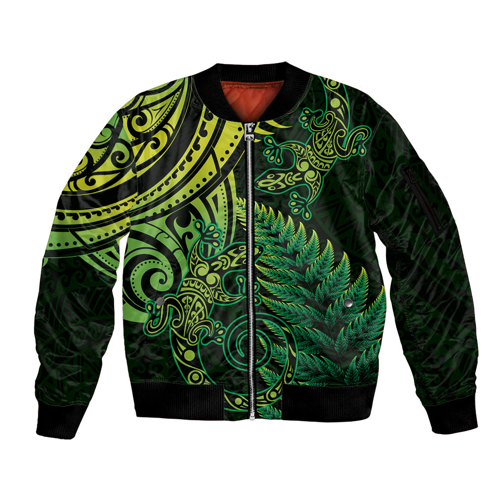 New Zealand Lizard Sleeve Zip Bomber Jacket Silver Fern Aotearoa Maori Green Version
