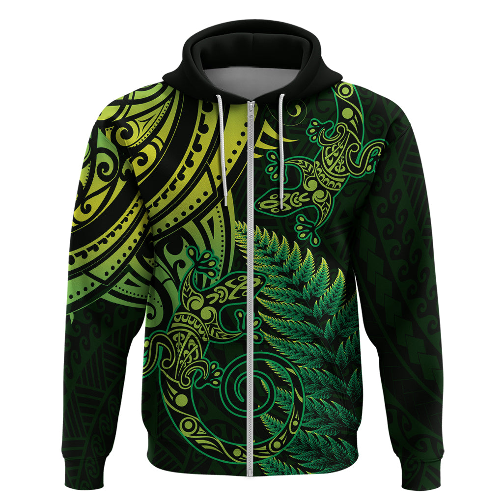 New Zealand Lizard Zip Hoodie Silver Fern Aotearoa Maori Green Version