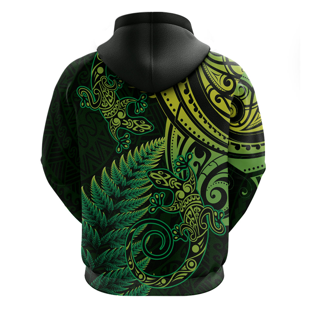 New Zealand Lizard Zip Hoodie Silver Fern Aotearoa Maori Green Version