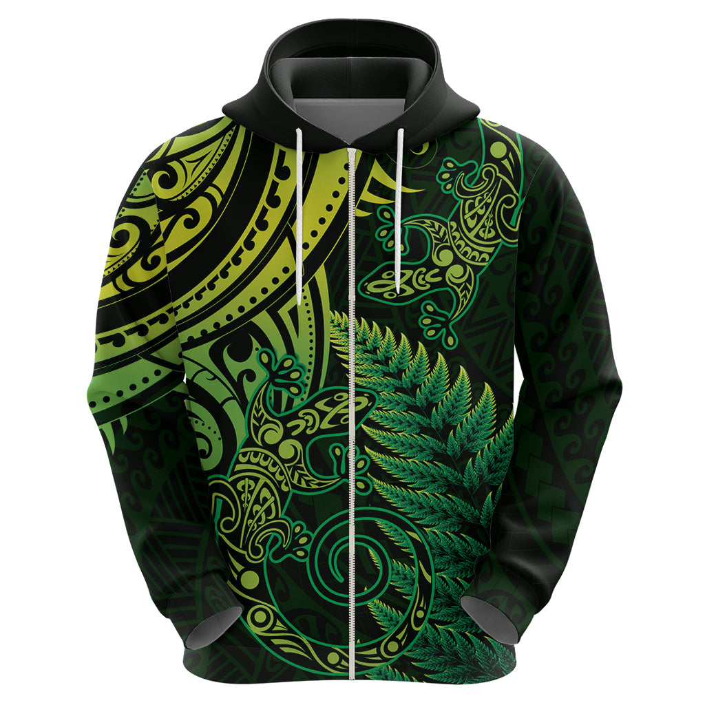 New Zealand Lizard Zip Hoodie Silver Fern Aotearoa Maori Green Version