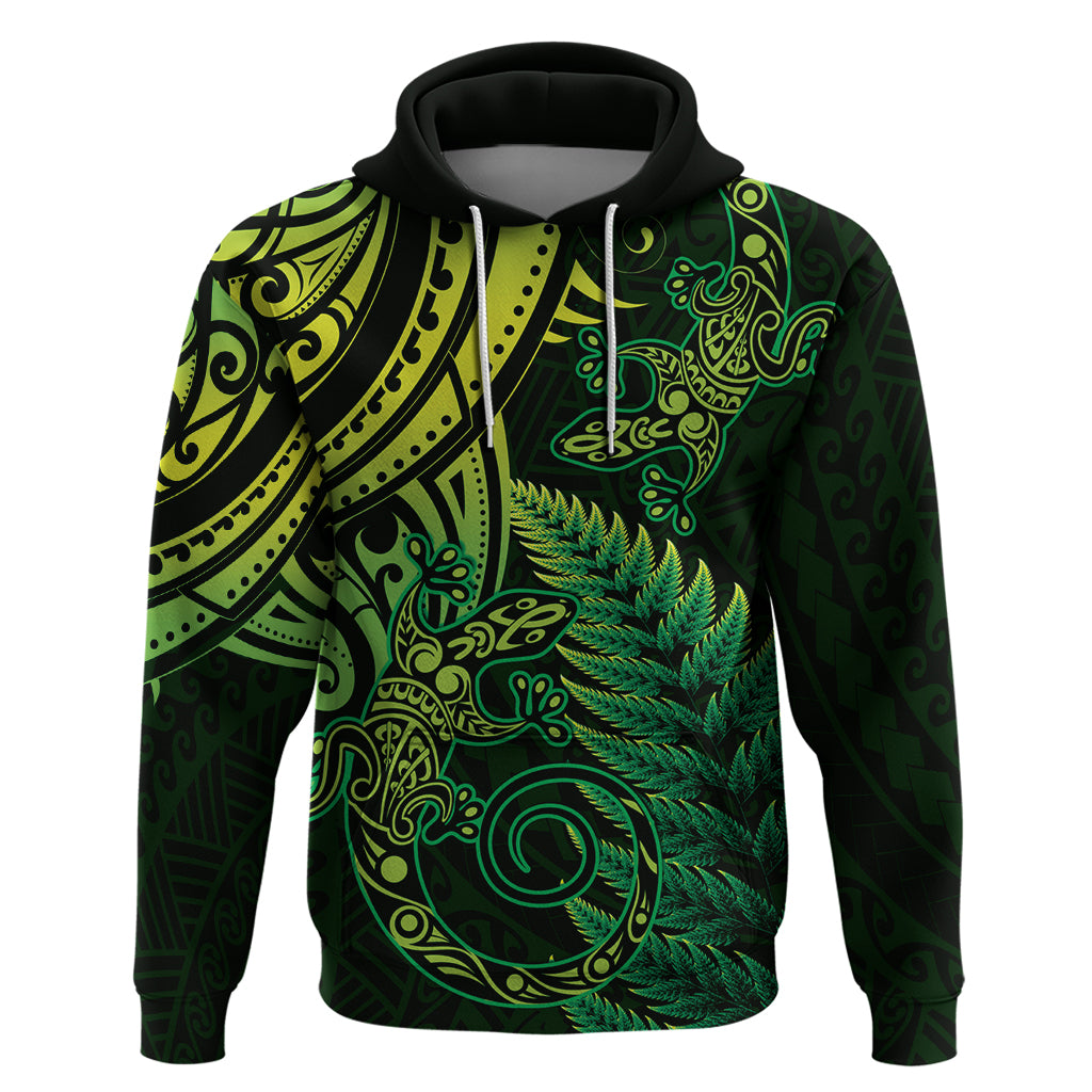 New Zealand Lizard Zip Hoodie Silver Fern Aotearoa Maori Green Version