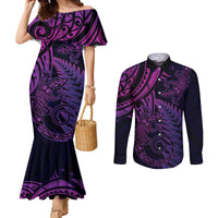 New Zealand Lizard Couples Matching Mermaid Dress and Long Sleeve Button Shirt Silver Fern Aotearoa Maori Purple Version