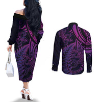 New Zealand Lizard Couples Matching Off The Shoulder Long Sleeve Dress and Long Sleeve Button Shirt Silver Fern Aotearoa Maori Purple Version