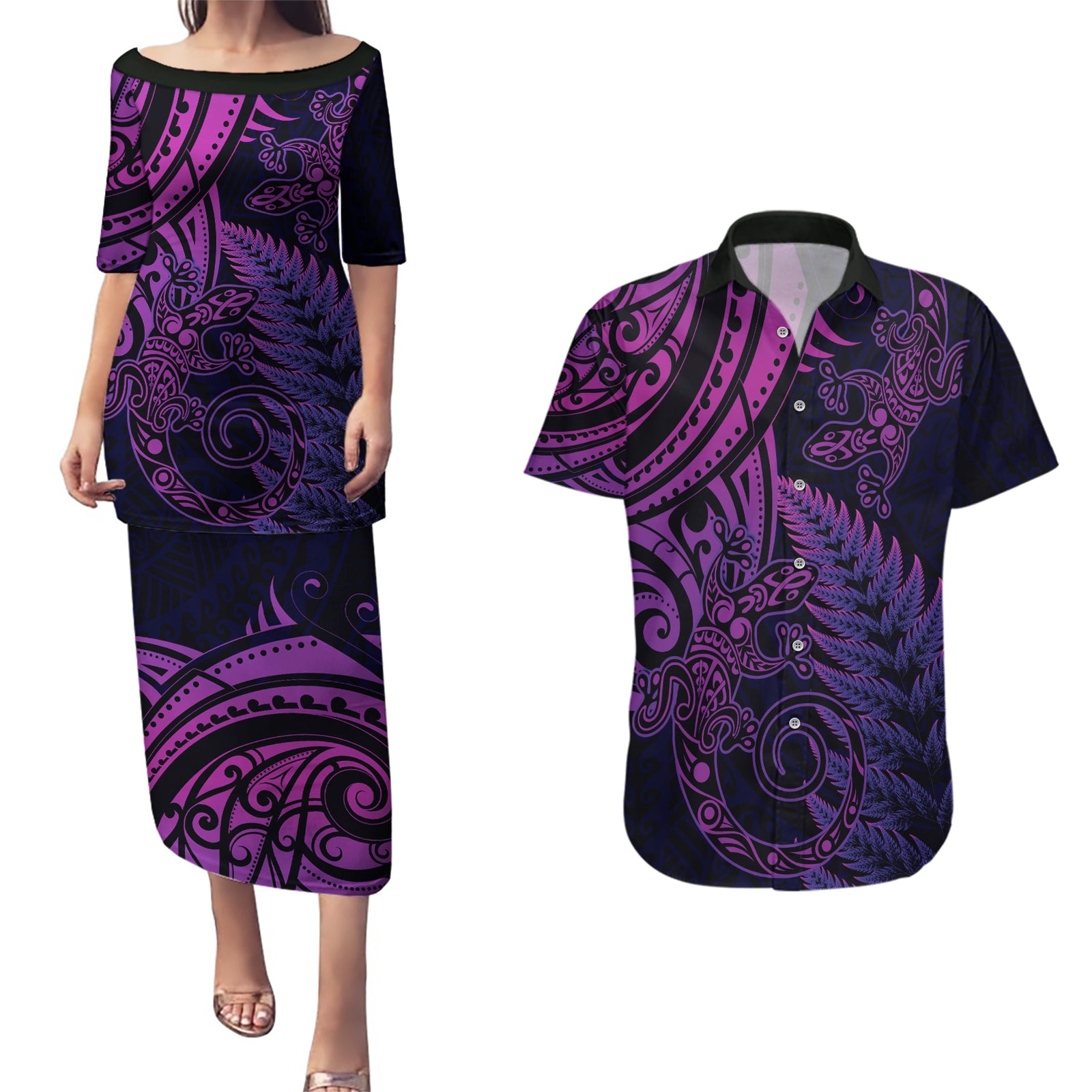 New Zealand Lizard Couples Matching Puletasi and Hawaiian Shirt Silver Fern Aotearoa Maori Purple Version
