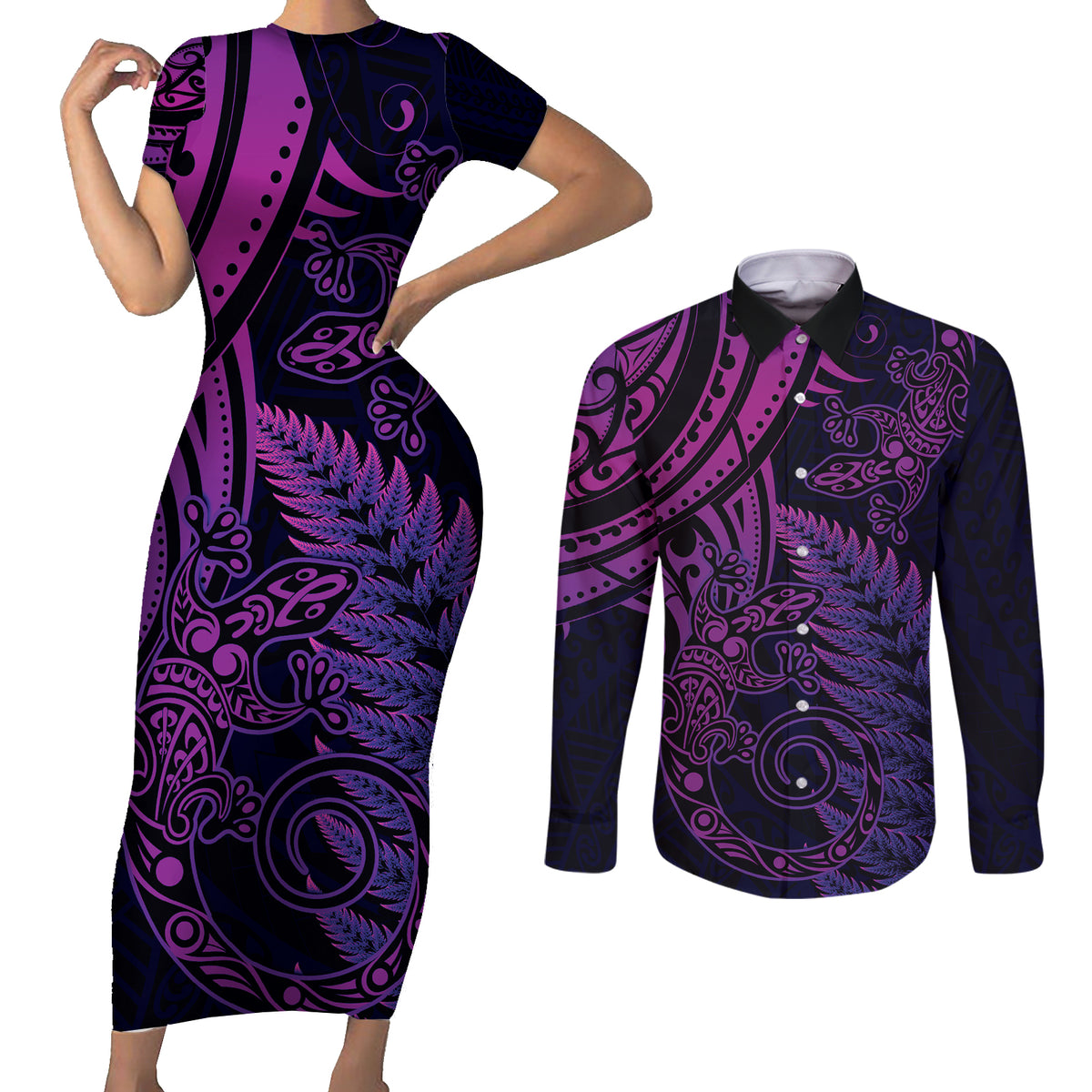 New Zealand Lizard Couples Matching Short Sleeve Bodycon Dress and Long Sleeve Button Shirt Silver Fern Aotearoa Maori Purple Version