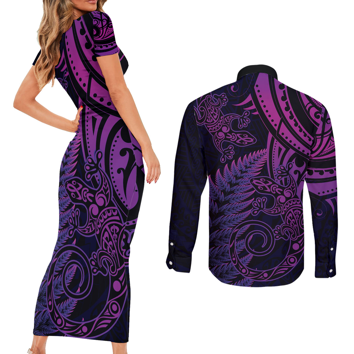 New Zealand Lizard Couples Matching Short Sleeve Bodycon Dress and Long Sleeve Button Shirt Silver Fern Aotearoa Maori Purple Version
