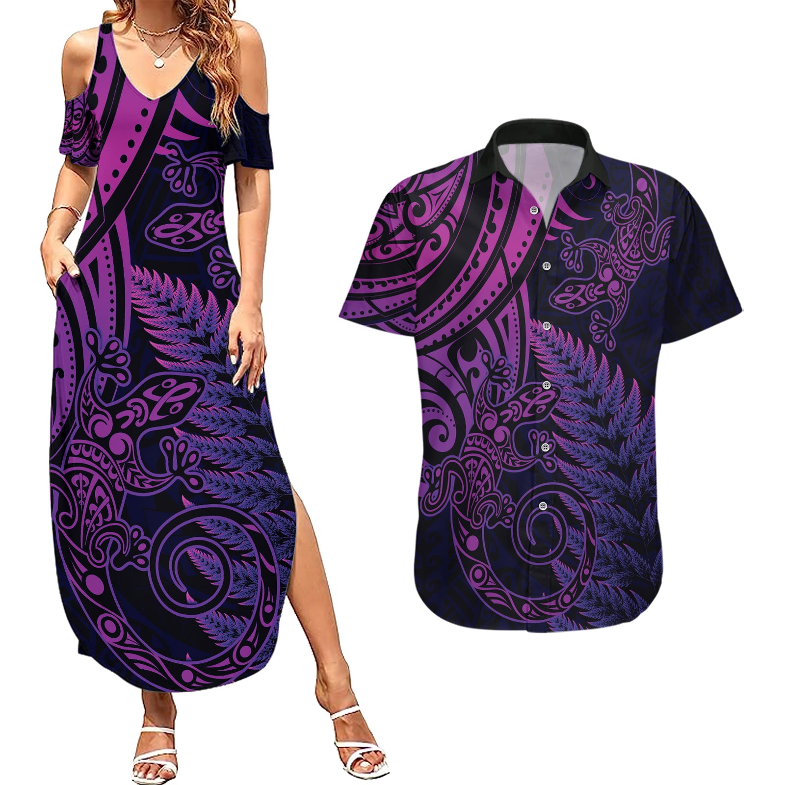 New Zealand Lizard Couples Matching Summer Maxi Dress and Hawaiian Shirt Silver Fern Aotearoa Maori Purple Version