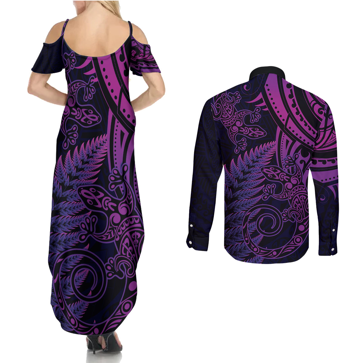 New Zealand Lizard Couples Matching Summer Maxi Dress and Long Sleeve Button Shirt Silver Fern Aotearoa Maori Purple Version