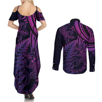 New Zealand Lizard Couples Matching Summer Maxi Dress and Long Sleeve Button Shirt Silver Fern Aotearoa Maori Purple Version