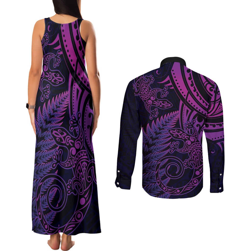 New Zealand Lizard Couples Matching Tank Maxi Dress and Long Sleeve Button Shirt Silver Fern Aotearoa Maori Purple Version