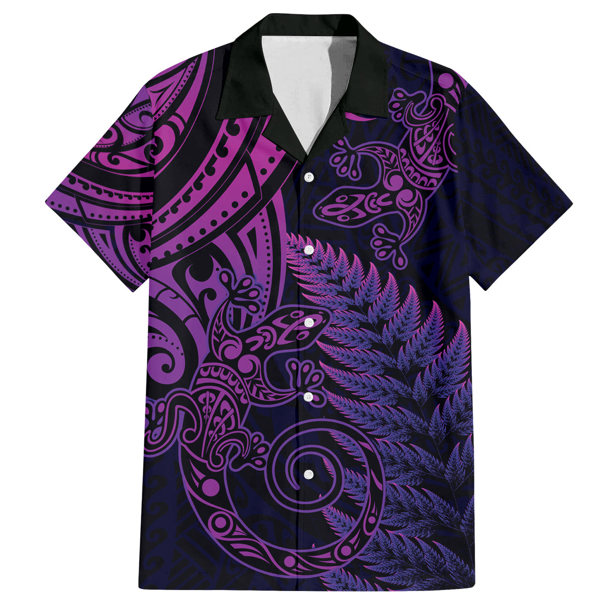 New Zealand Lizard Family Matching Long Sleeve Bodycon Dress and Hawaiian Shirt Silver Fern Aotearoa Maori Purple Version