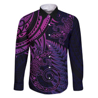 New Zealand Lizard Family Matching Short Sleeve Bodycon Dress and Hawaiian Shirt Silver Fern Aotearoa Maori Purple Version