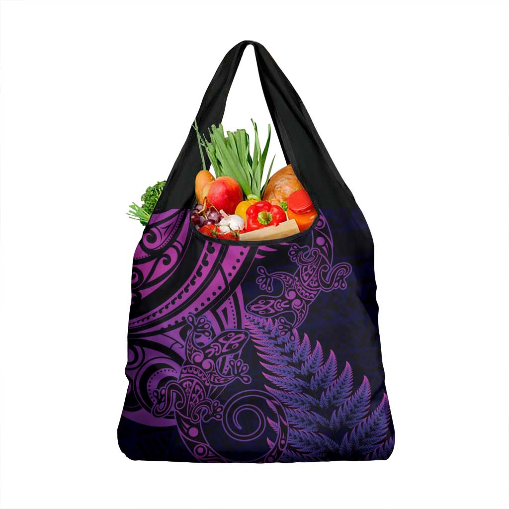 New Zealand Lizard Grocery Bag Silver Fern Aotearoa Maori Purple Version