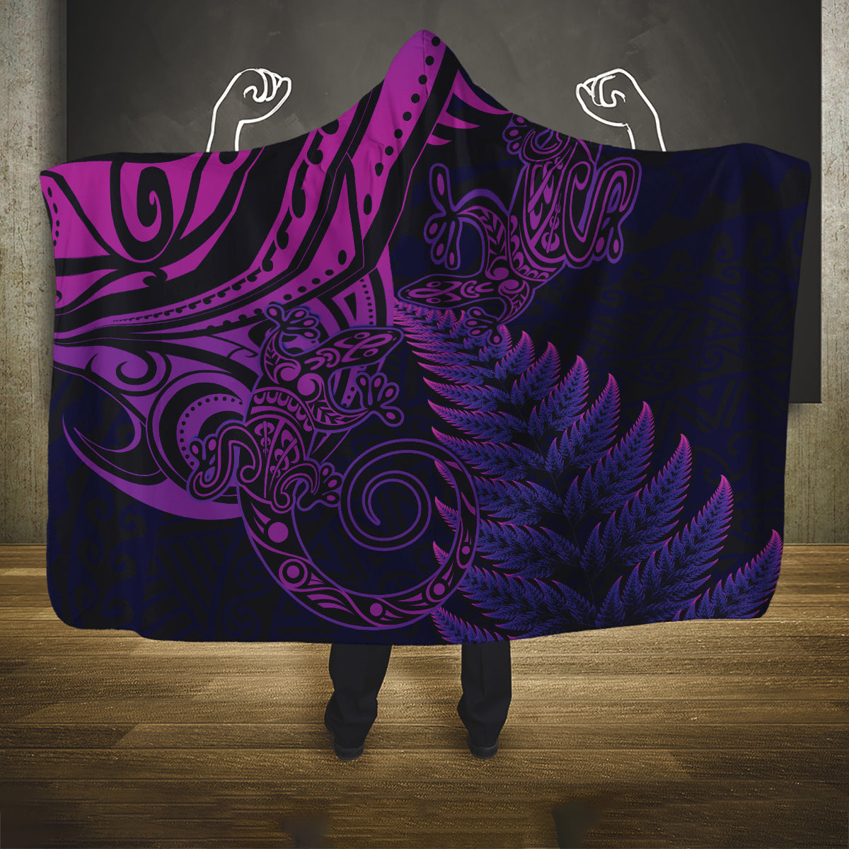 New Zealand Lizard Hooded Blanket Silver Fern Aotearoa Maori Purple Version