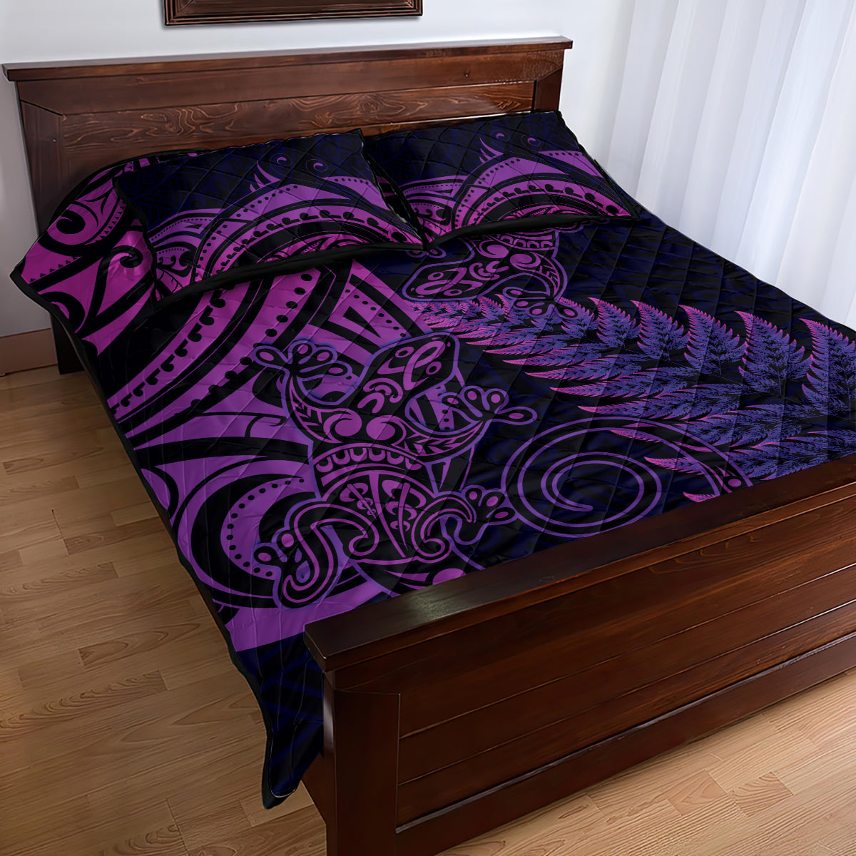 New Zealand Lizard Quilt Bed Set Silver Fern Aotearoa Maori Purple Version