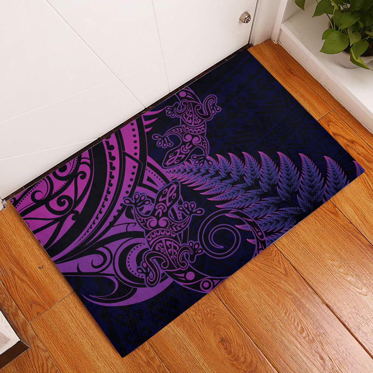 New Zealand Lizard Rubber Doormat Silver Fern Aotearoa Maori Purple Version