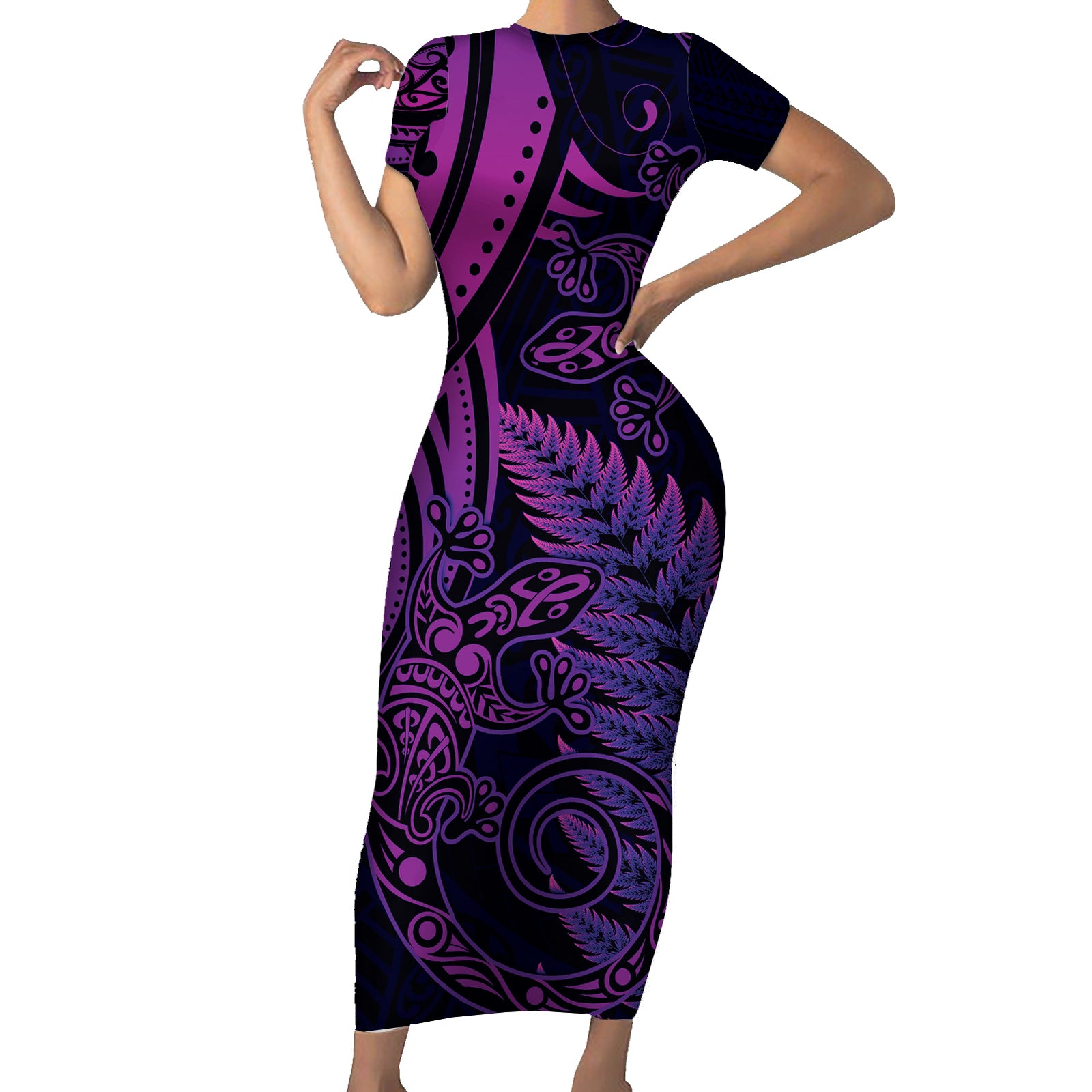 New Zealand Lizard Short Sleeve Bodycon Dress Silver Fern Aotearoa Maori Purple Version