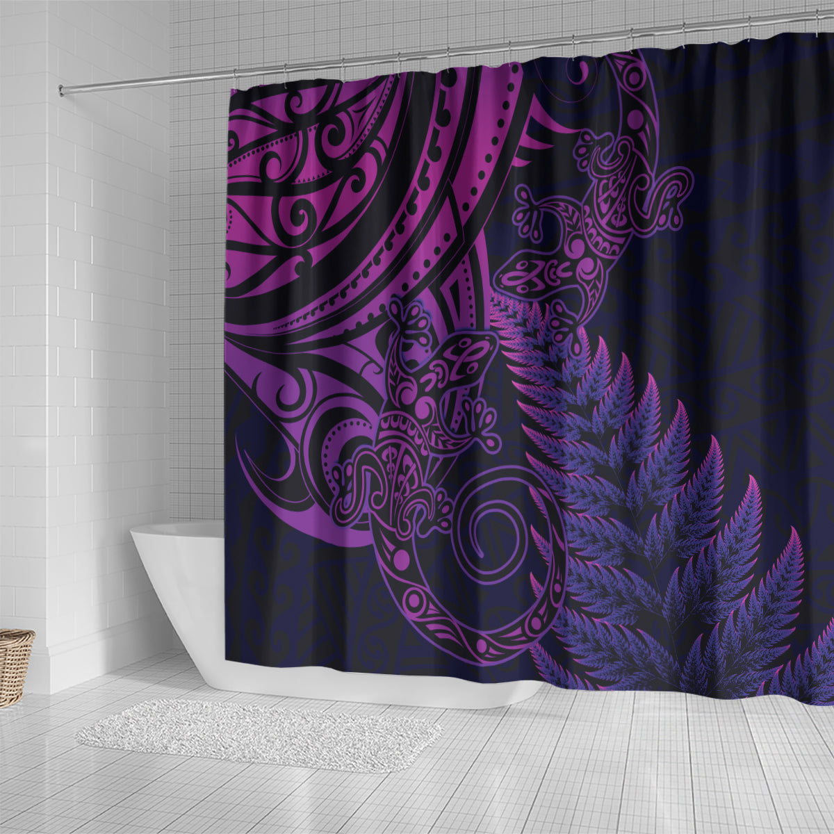 New Zealand Lizard Shower Curtain Silver Fern Aotearoa Maori Purple Version