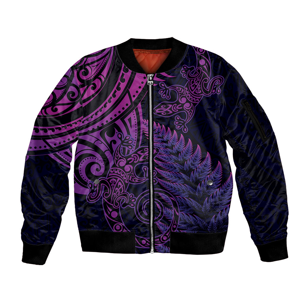 New Zealand Lizard Sleeve Zip Bomber Jacket Silver Fern Aotearoa Maori Purple Version