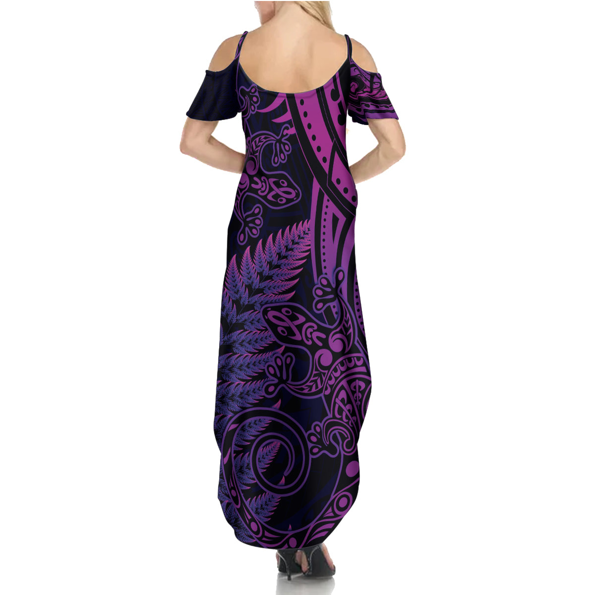 New Zealand Lizard Summer Maxi Dress Silver Fern Aotearoa Maori Purple Version
