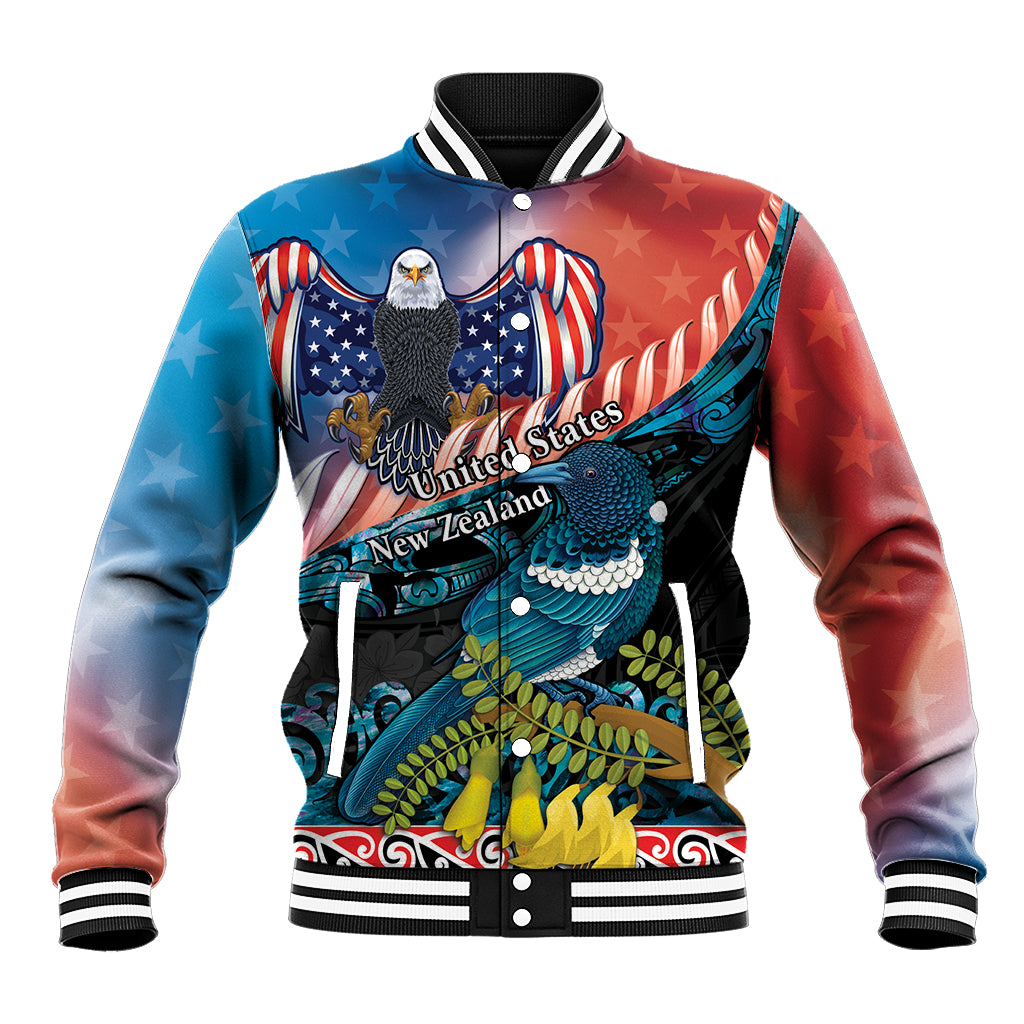 Personalised United States And New Zealand Baseball Jacket USA Eagle With Kowhai Aotearoa Tui Bird LT14 Unisex Blue - Polynesian Pride