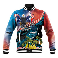 Personalised United States And New Zealand Baseball Jacket USA Eagle With Kowhai Aotearoa Tui Bird LT14 Unisex Blue - Polynesian Pride