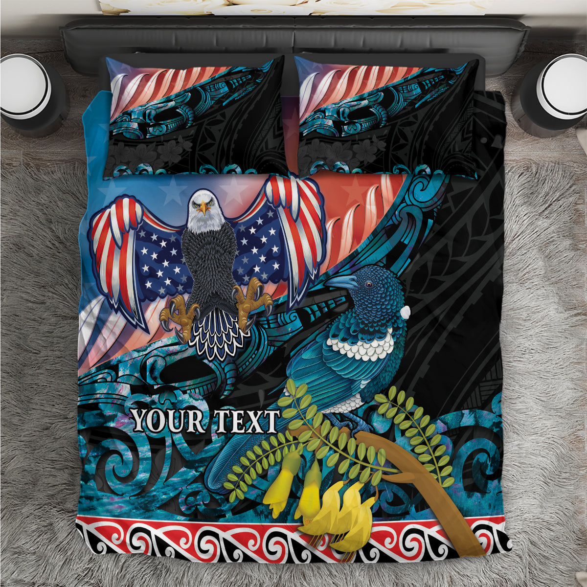 Personalised United States And New Zealand Bedding Set USA Eagle With Kowhai Aotearoa Tui Bird LT14 Blue - Polynesian Pride