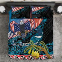 Personalised United States And New Zealand Bedding Set USA Eagle With Kowhai Aotearoa Tui Bird LT14 Blue - Polynesian Pride