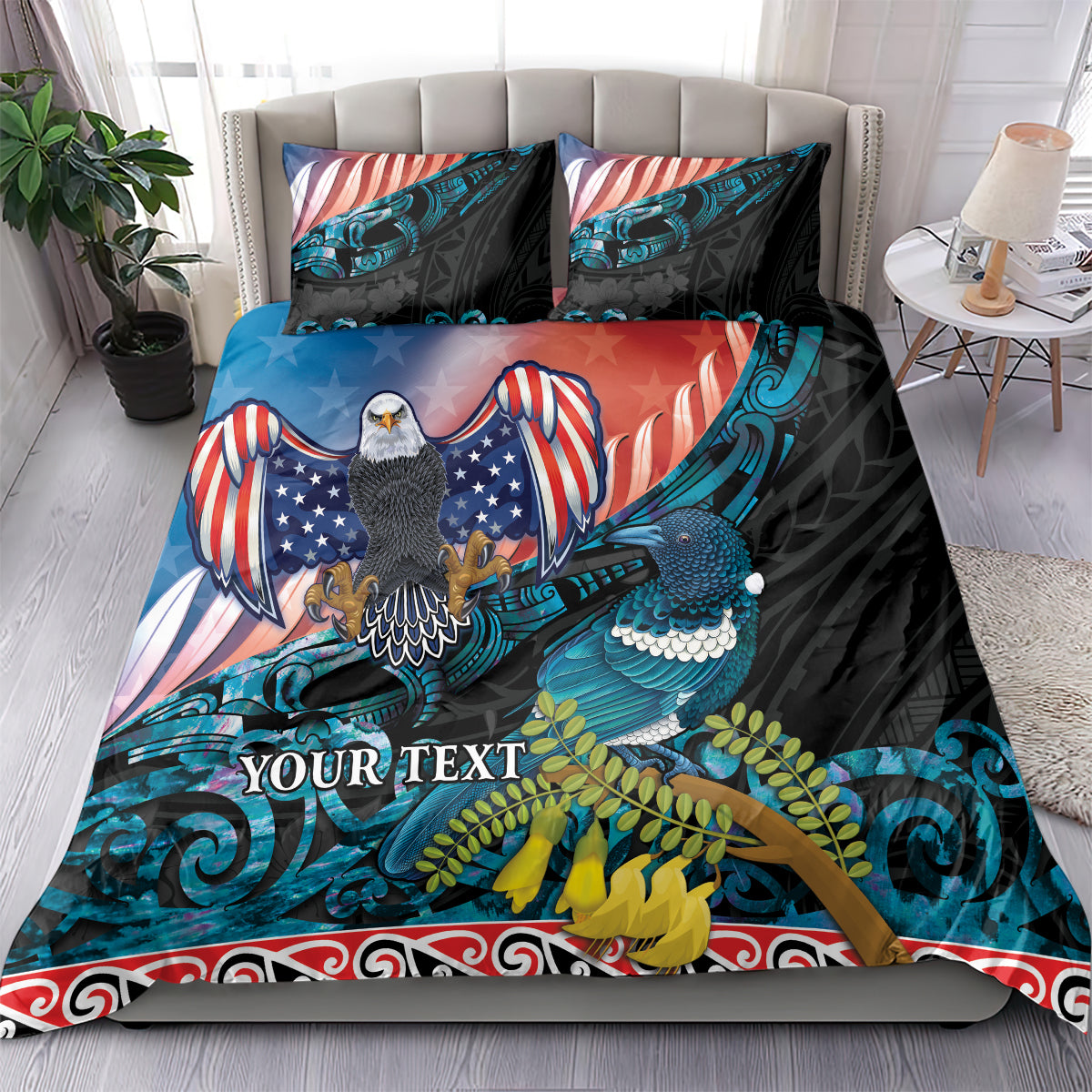 Personalised United States And New Zealand Bedding Set USA Eagle With Kowhai Aotearoa Tui Bird LT14 - Polynesian Pride