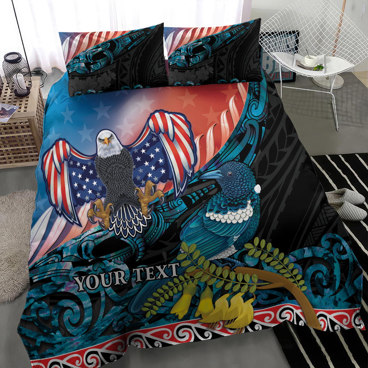 Personalised United States And New Zealand Bedding Set USA Eagle With Kowhai Aotearoa Tui Bird LT14 - Polynesian Pride