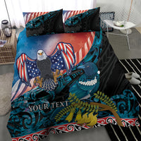 Personalised United States And New Zealand Bedding Set USA Eagle With Kowhai Aotearoa Tui Bird LT14 - Polynesian Pride