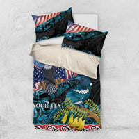 Personalised United States And New Zealand Bedding Set USA Eagle With Kowhai Aotearoa Tui Bird LT14 US Twin 172cm x 218cm Blue - Polynesian Pride