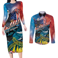 Personalised United States And New Zealand Couples Matching Long Sleeve Bodycon Dress and Long Sleeve Button Shirt USA Eagle With Kowhai Aotearoa Tui Bird